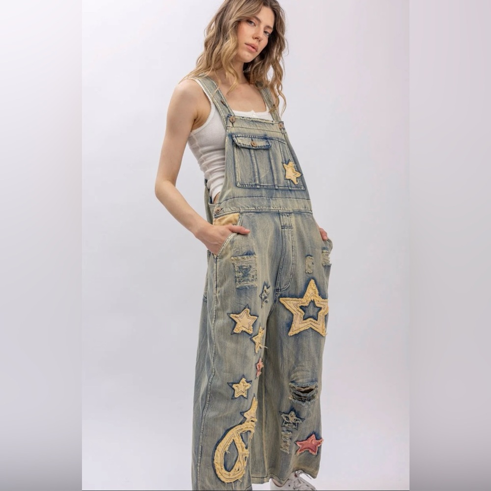 BLUE VELVET STARS and PEACE patchwork Denim Overalls wide leg oversized M L